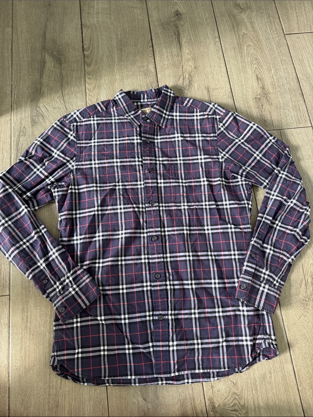 Burberry Navy Plaid Button-Down Shirt with White & Red Stripes